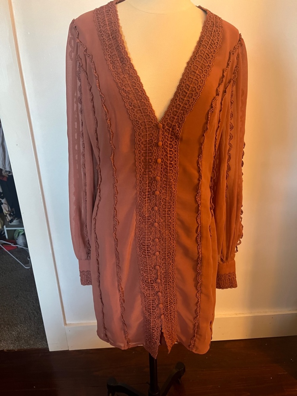 ASOS Terracotta Long Sleeve Crochet-Trim Dress